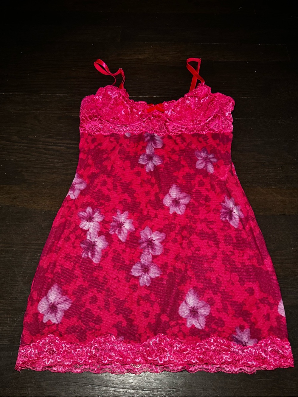 SHEIN Bright Pink Floral Lace Trim Chemise